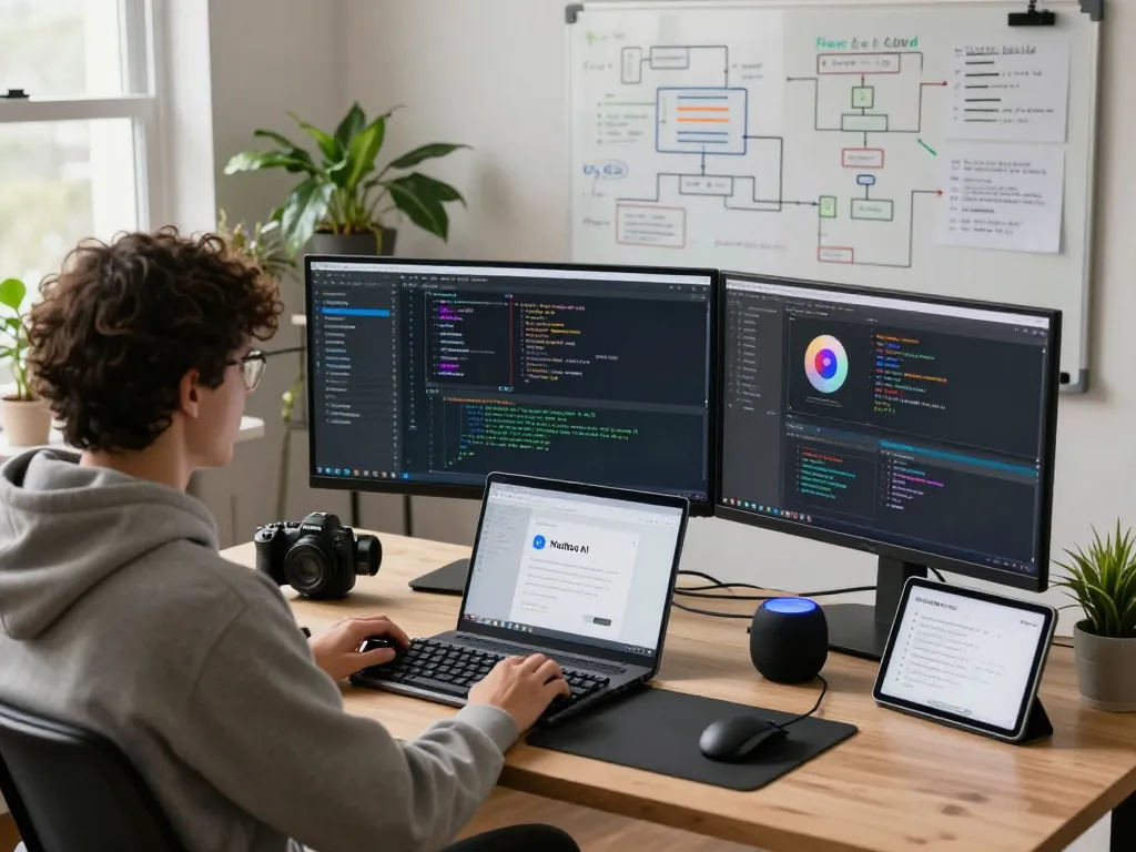Developer working with Moltbot AI in a modern tech workspace, showcasing multiple monitors and digital tools.