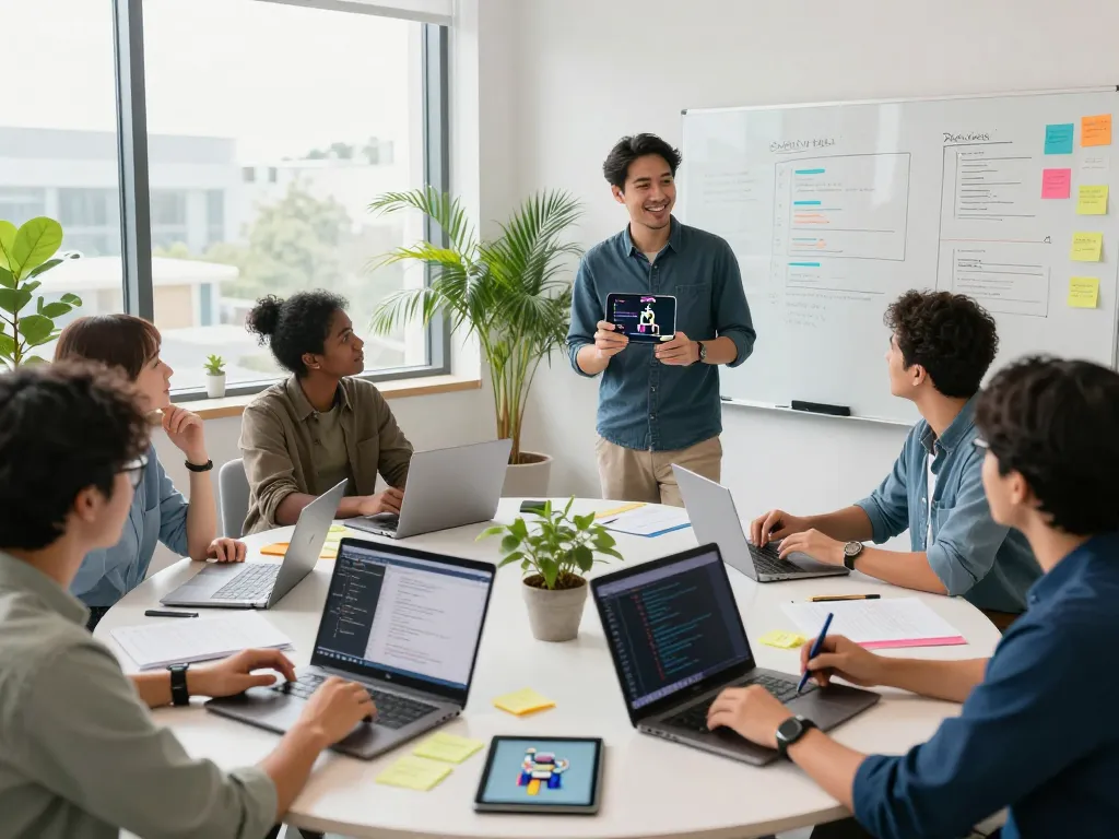 Developers collaborating on clawbot software in a modern office, showcasing teamwork and innovation.