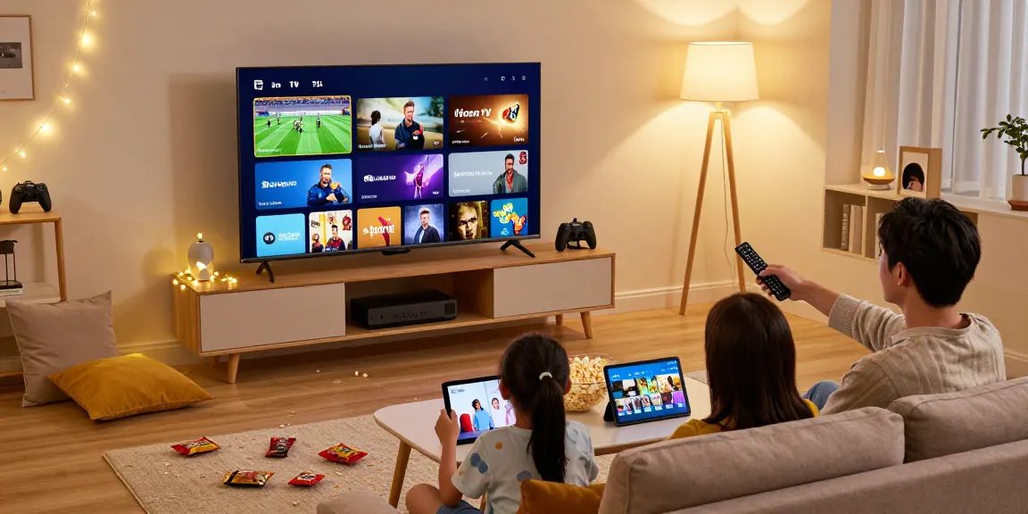 Family streaming Iron tv in a modern living room, showcasing IPTV entertainment.