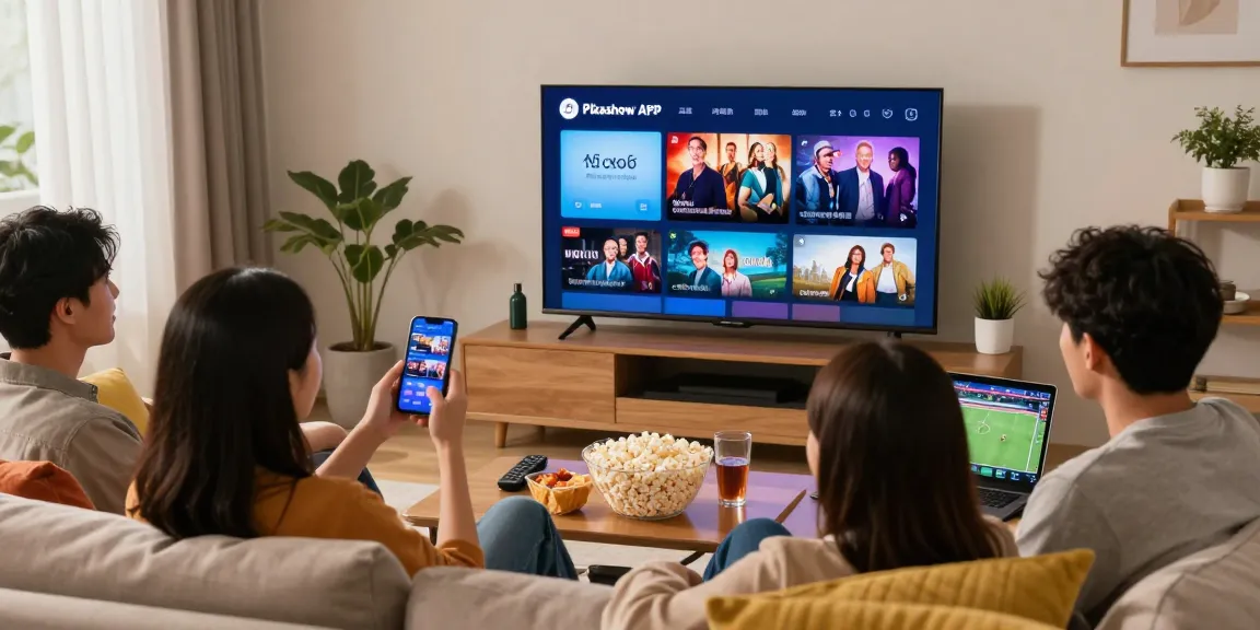 Pikashow APK features friends enjoying a movie night with streaming content on a smart TV, showcasing a lively atmosphere and versatile entertainment.
