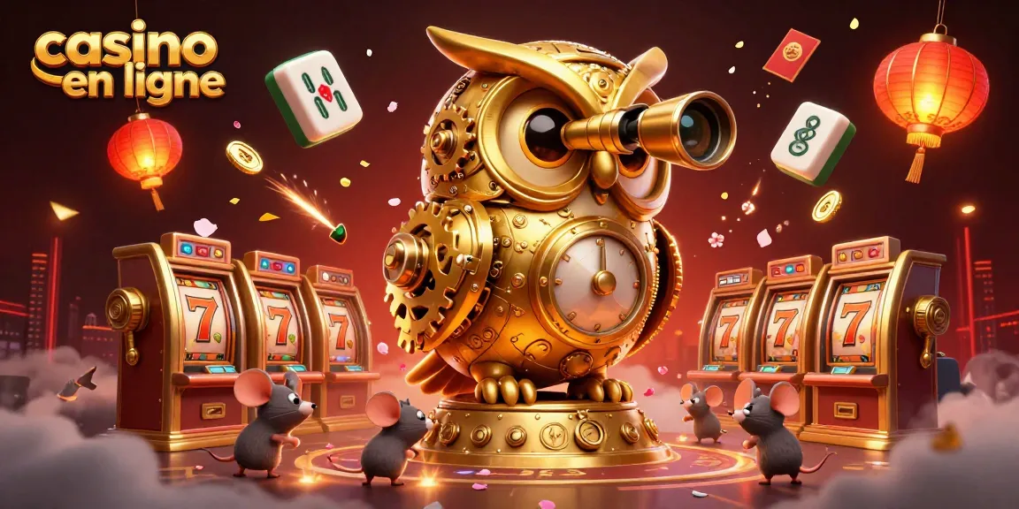 Un casino en ligne vibrant avec une chouette dorée et des machines à sous en arrière-plan.