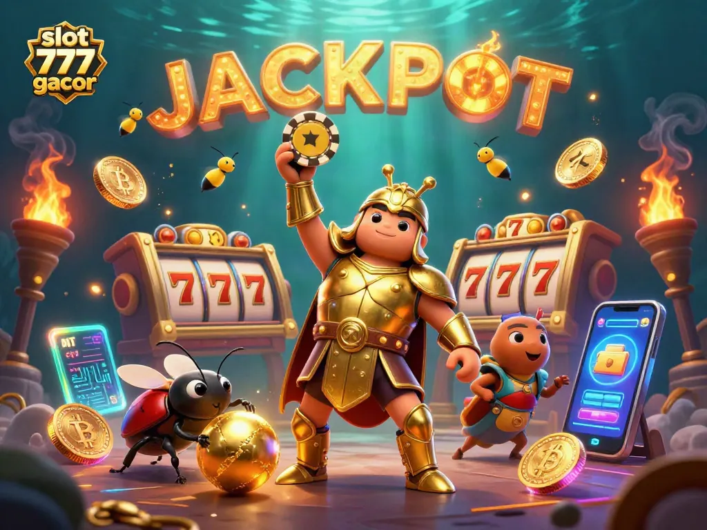 Menangkan jackpot di slot 777 gacor dengan beetle yang mengangkat chip poker di tengah suasana ceria.