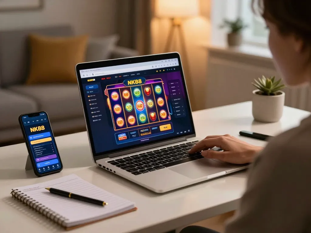 Engaging in online gaming with NK88 nhà cái uy tín on a laptop, showcasing vibrant graphics and responsible gambling.