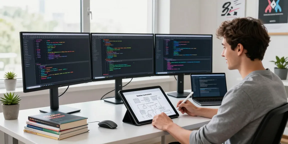 Redux state management training workspace featuring a developer coding with multiple monitors in a vibrant office.