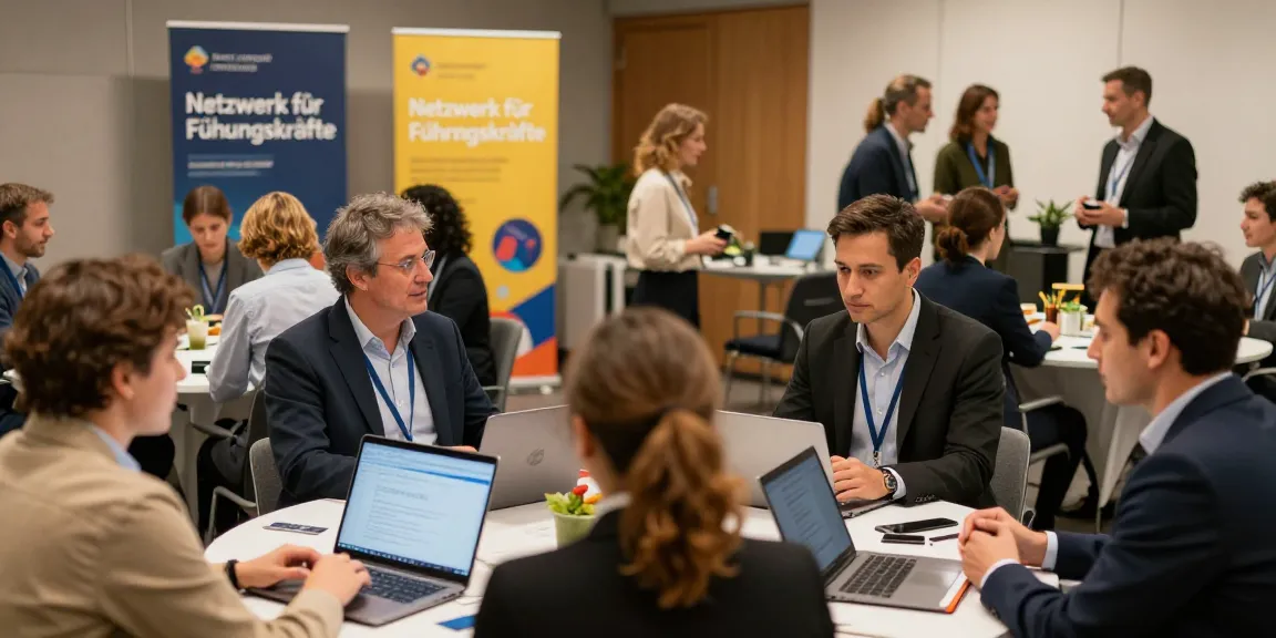 Networking event scene emphasizing Netzwerk für Führungskräfte, showcasing executives sharing insights and exchanging business cards.
