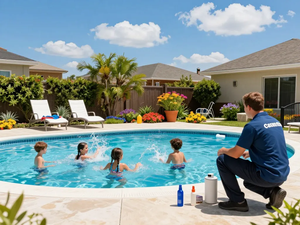Dolphin Pool Services ensuring family enjoyment at a vibrant backyard pool.