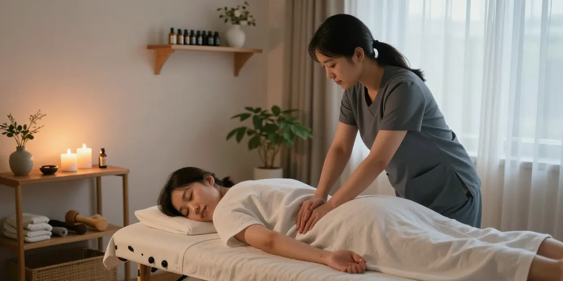 영등포출장마사지가 진행되는 아늑한 거실의 마사지 장면