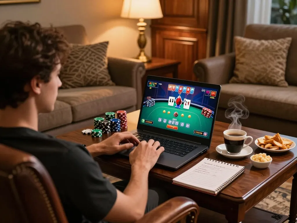 Engage in online poker with fabet in a cozy home setting featuring strategy notes and poker chips.