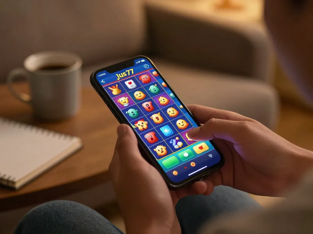 Engaging with the jus77 online slot game on a smartphone in a cozy setting.