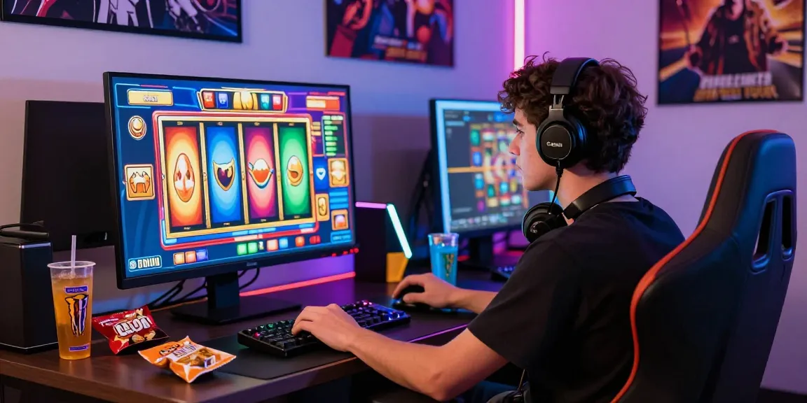 Player enjoying slot 5k gaming experience at home with vibrant graphics and snacks.