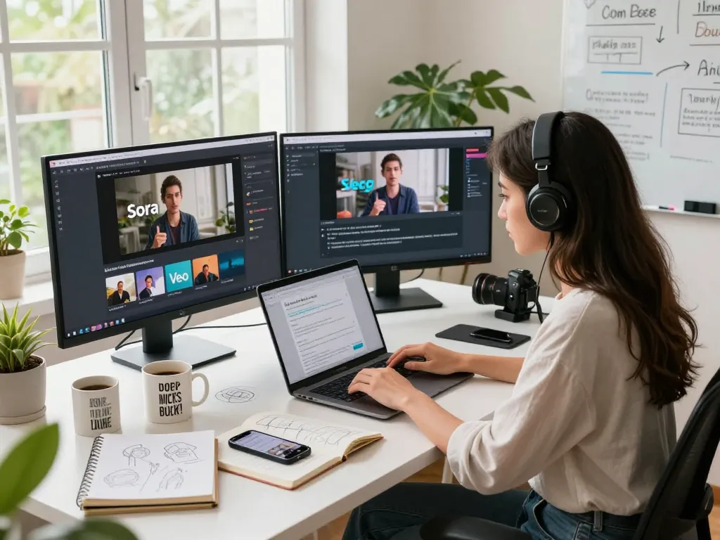 Woman using VideoPrompt.fun to convert video to prompt in a bright digital workspace.
