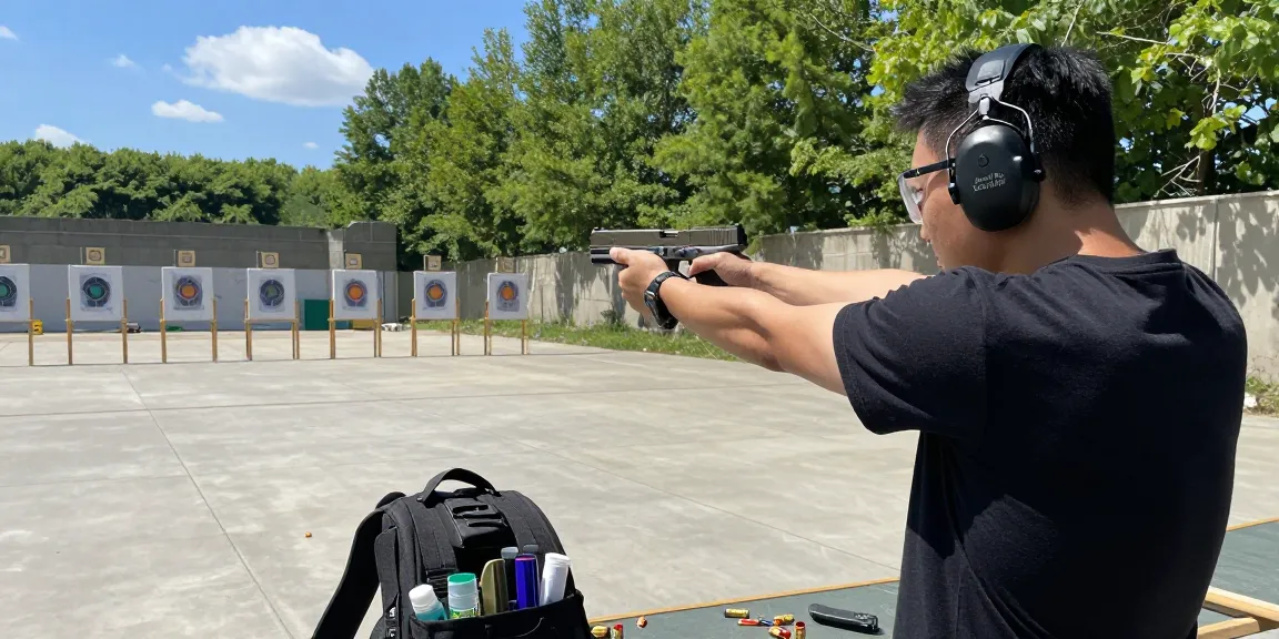 Custom Glock with aftermarket slide being aimed at targets at https://precisionglockslides.com shooting range.
