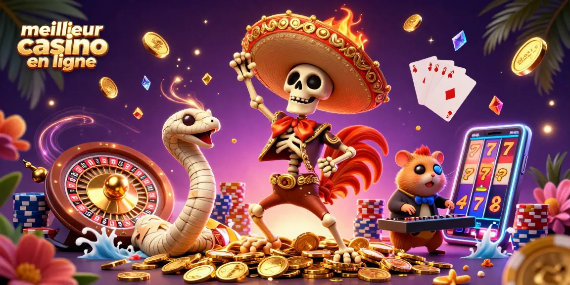 Vibrante scène de jeu illustrant le meilleur casino en ligne, avec des personnages animés et des éléments de jeu.