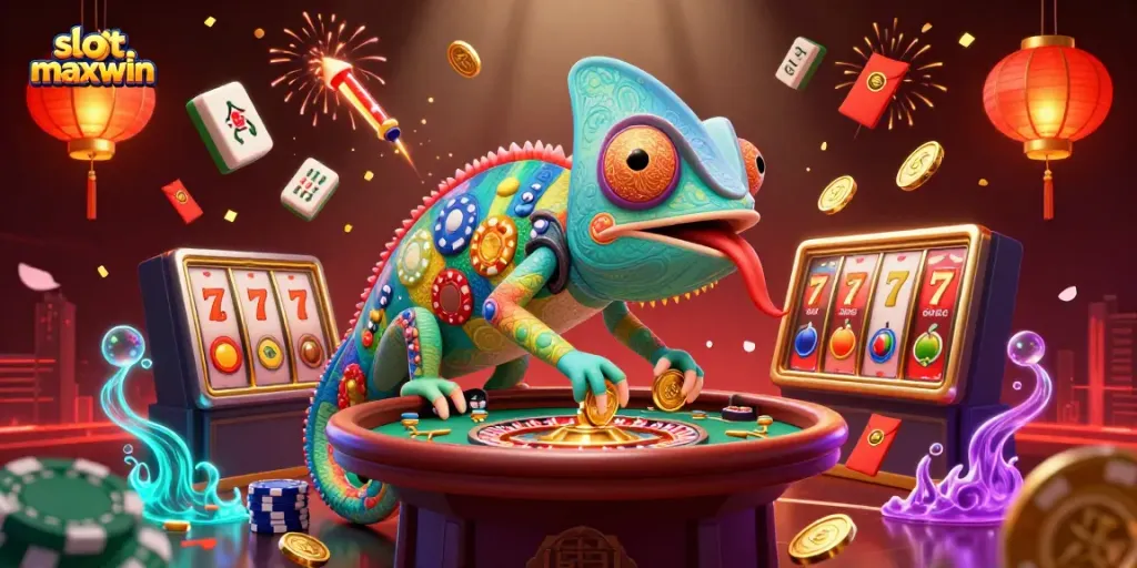 Engage with slot maxwin featuring a vibrant chameleon casino owner amidst mahjong tiles and festive decorations.