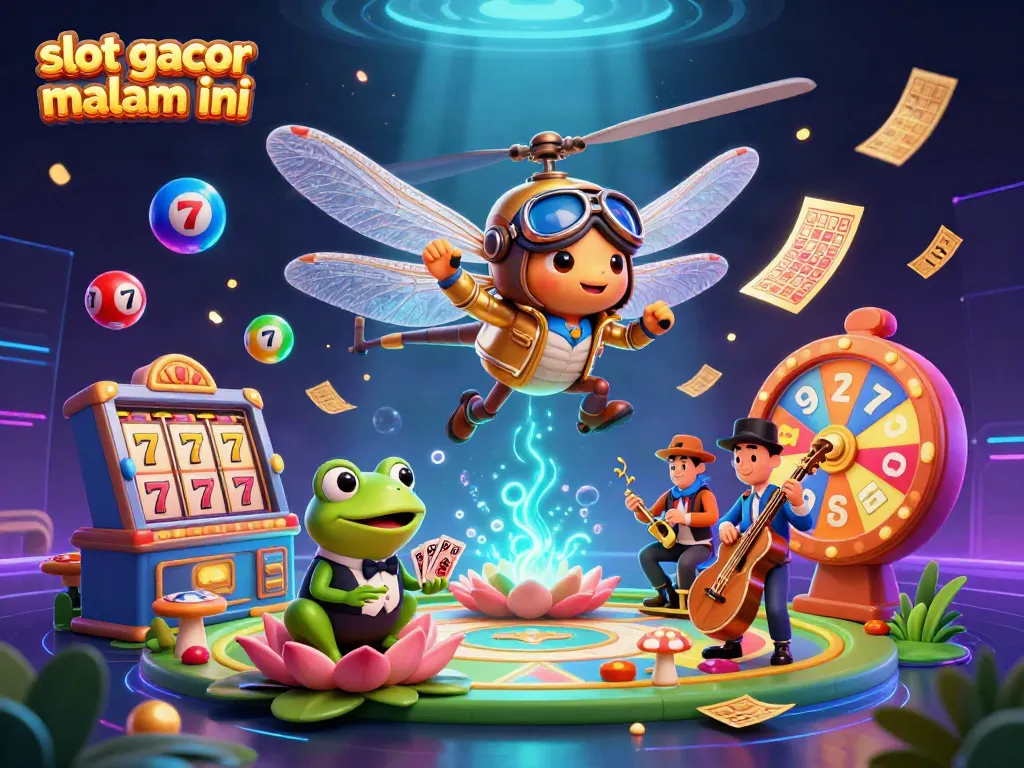 Slot gacor malam ini: Ilustrasi 3D kasino dengan elemen berwarna dan suasana menggembirakan.
