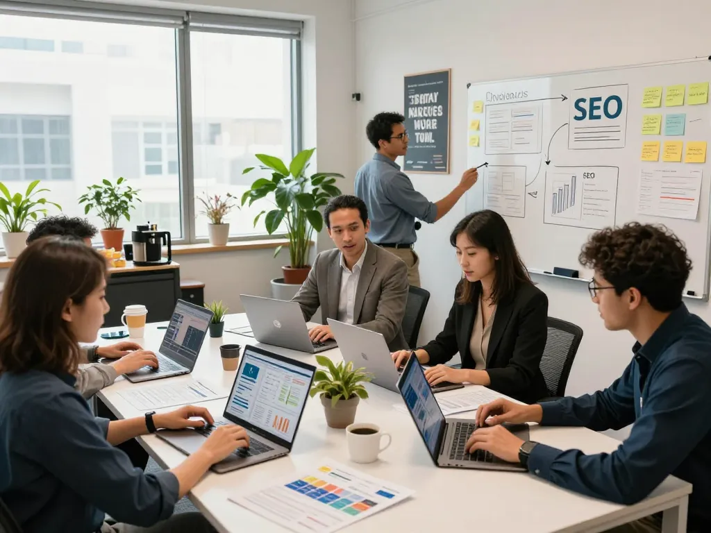 SEO specialists collaborating in a modern office, showcasing the vibrant environment of an NYC SEO Company.