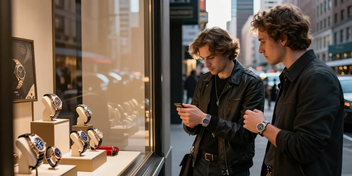 Explore stylish super clone watches in an urban luxury shopping scene with vibrant displays.