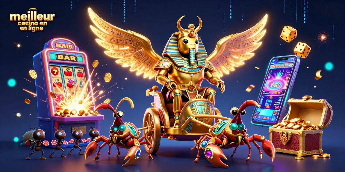 Visuel dynamique illustrant le meilleur casino en ligne avec un scarabée doré en pharaon entouré de machines à sous, symboles chanceux et jetons de poker.