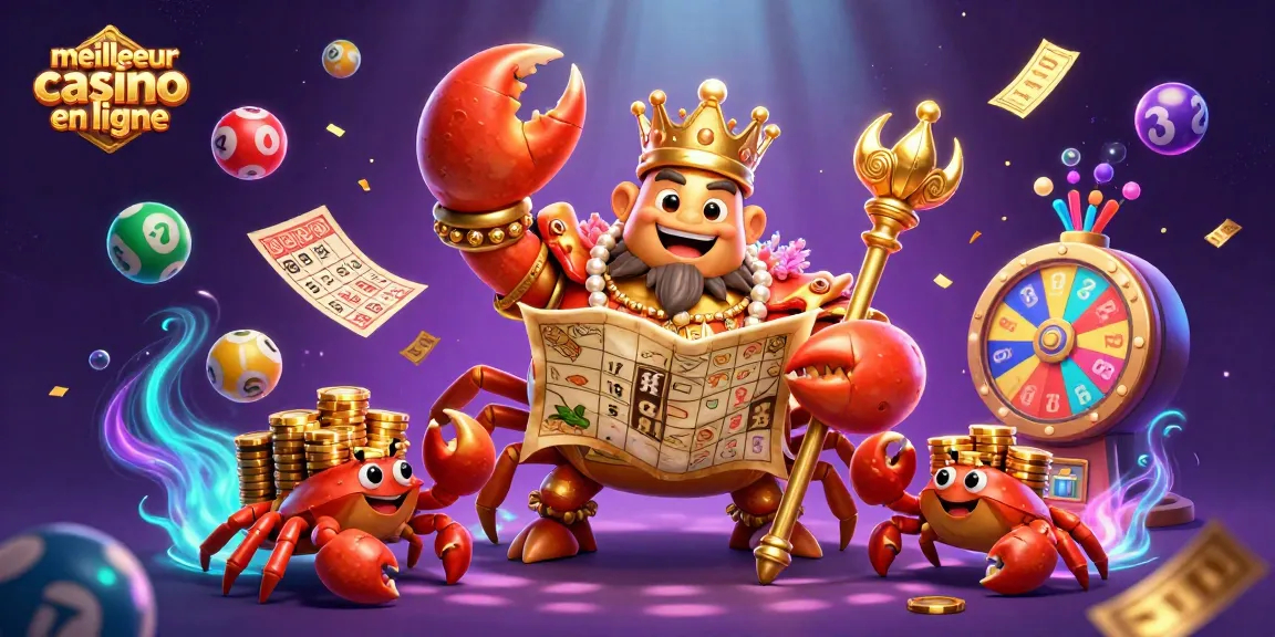 Jouez au meilleur casino en ligne avec une illustration de crabes dorés et des éléments de loterie dynamique.