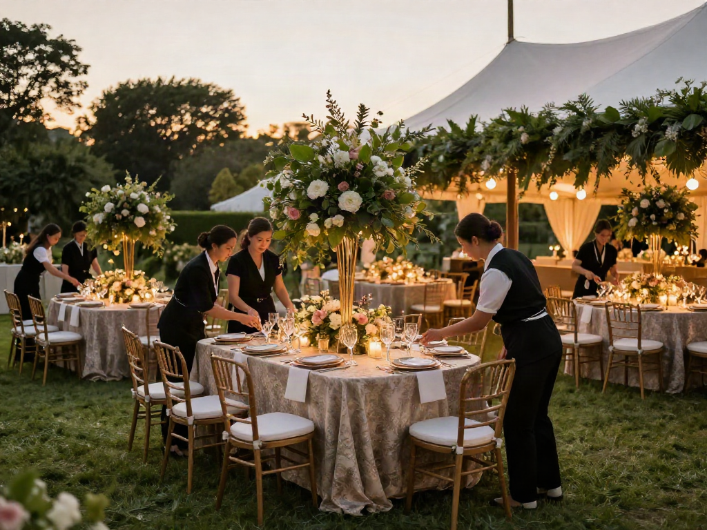Event rental KSA setup featuring elegant chairs, table decor, and ambient lighting.
