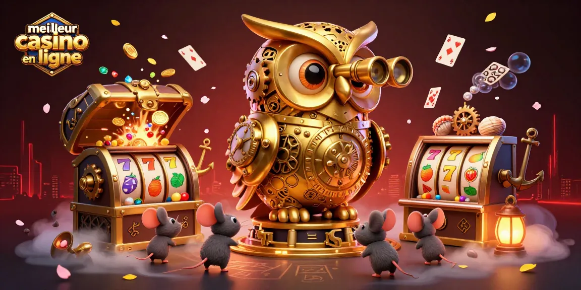 Visualisez le meilleur casino en ligne avec une illustration dynamique d'un hibou doré et des souris jouant autour des machines à sous.