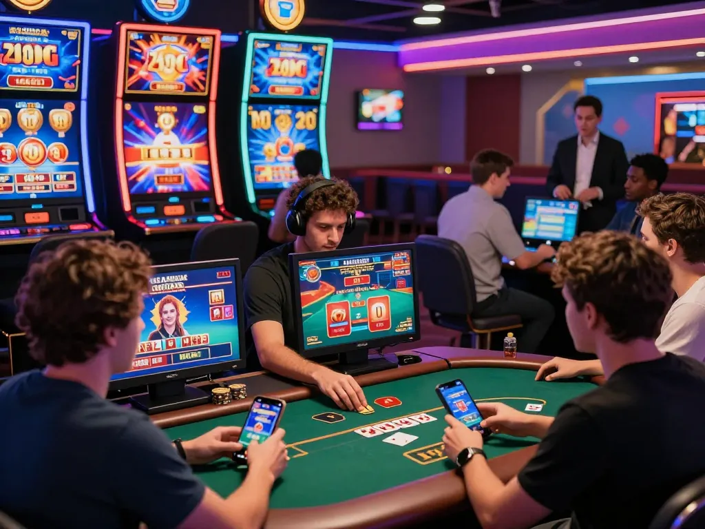 Engaged players enjoying various games at the MM88 online casino, showcasing vibrant graphics and virtual excitement.
