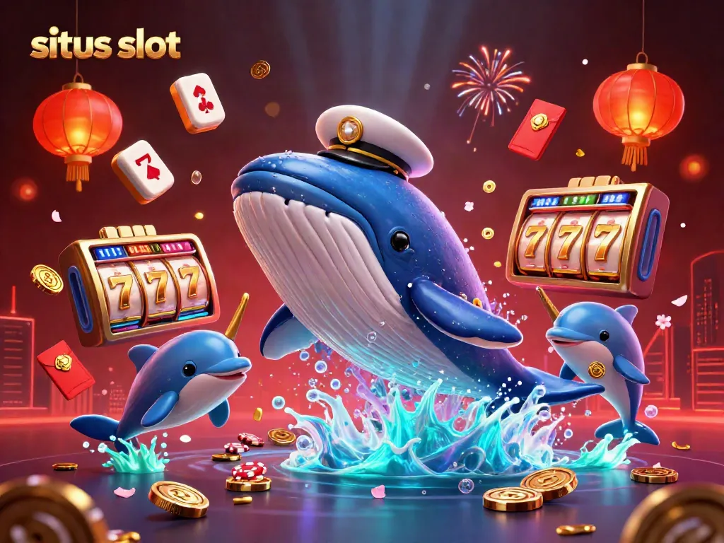 Ilustrasi 3D situs slot dengan paus besar, narwhal, dan lumba-lumba dikelilingi elemen keberuntungan.