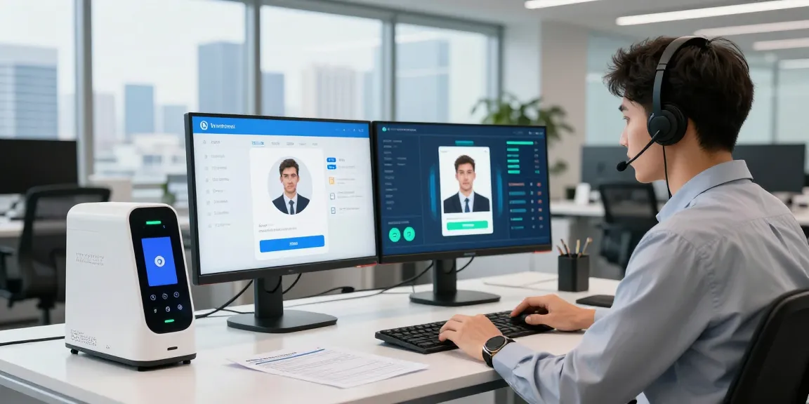 AI-powered age verification system in a modern office setting, showcasing fast and efficient user verification