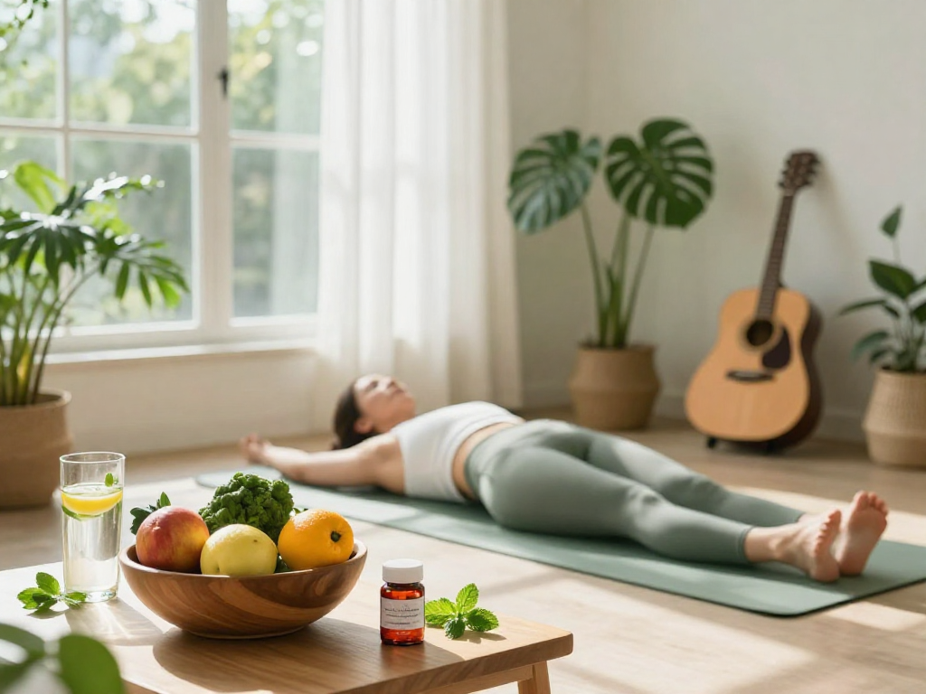 Practicing yoga with natural astaxanthin supplements in a bright wellness environment.