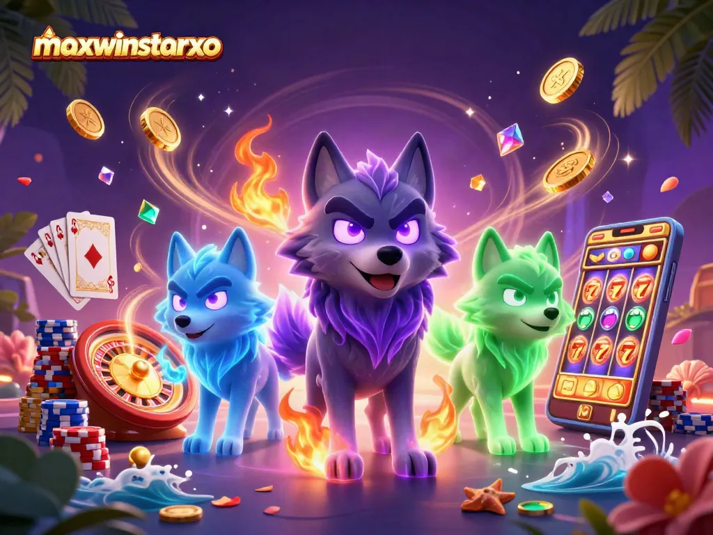 Experience thrilling gameplay with maxwinstarxo as cartoon wolves summon cascading coins and a spinning roulette wheel.