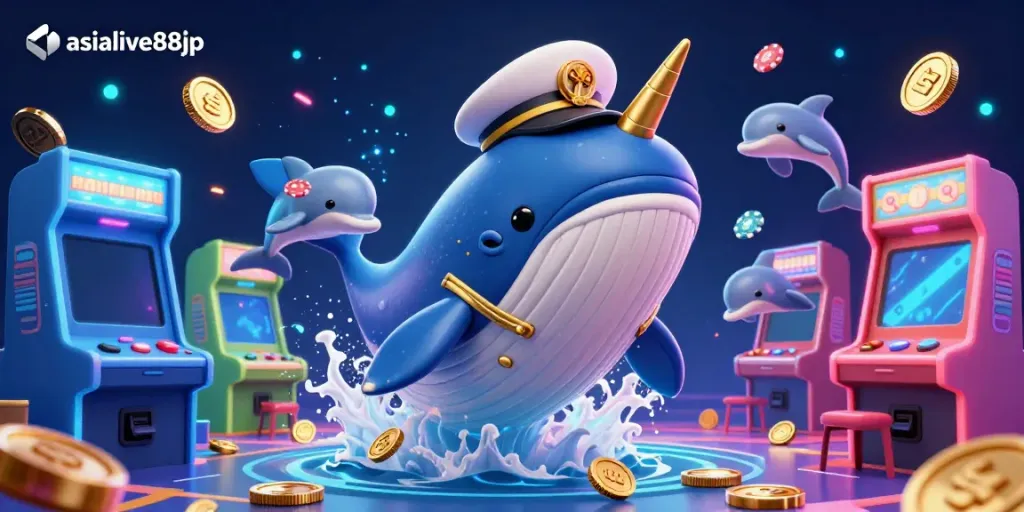 Engage with the vibrant atmosphere of asialive88jp, featuring a playful scene with a whimsical whale, narwhal, and dolphins amidst shimmering casino elements.