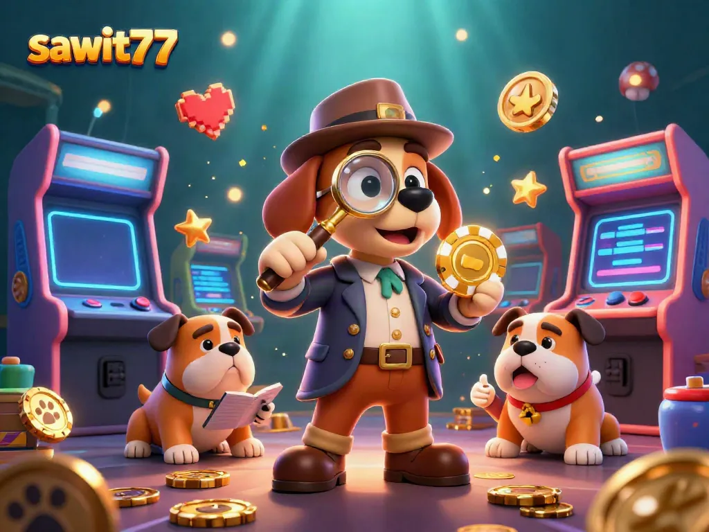 Permainan kasino sawit77 dengan detektif dan karakter lucu di latar 3D.
