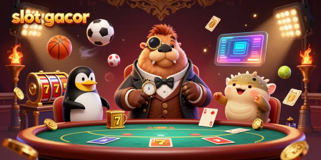 Engage in thrilling slot gacor action with a 3D walrus, penguin dealer, and pufferfish player.