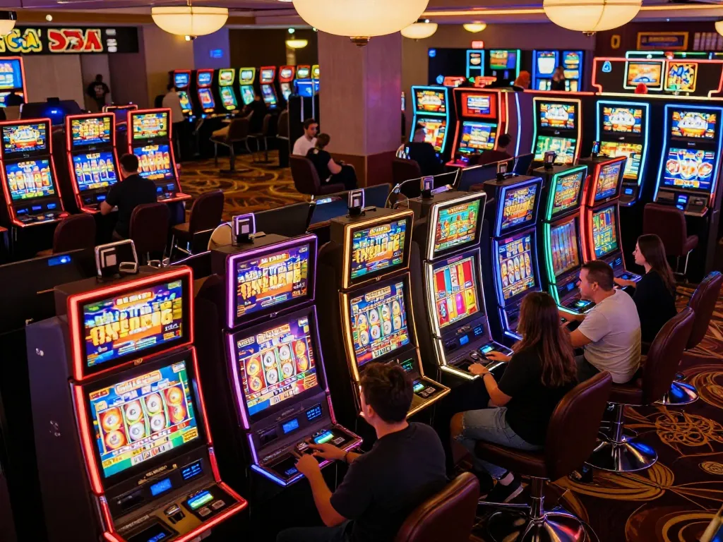 Excited players engaging at colorful slot depo 2k machines in a bustling casino.