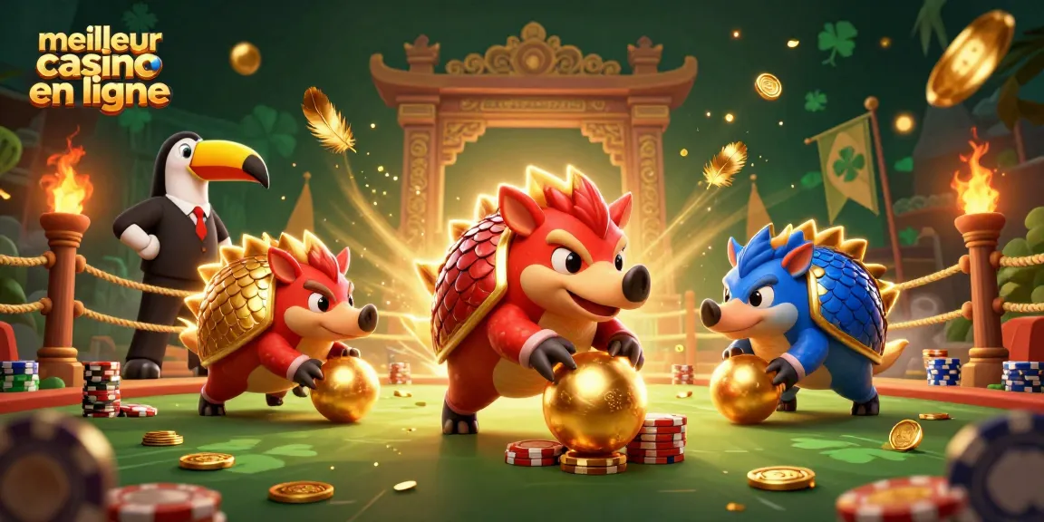 Illustration dynamique sur le meilleur casino en ligne avec des pangolins rivalisant dans un environnement de jeu captivant.