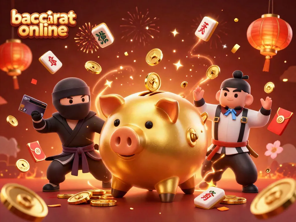 Experience baccarat online excitement with a dynamic 3D scene showcasing a golden piggy bank sumo wrestler.