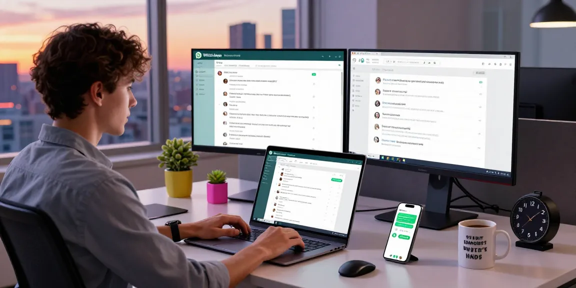 Professional using WhatsApp網頁版 on a laptop in a modern office, showcasing a productive tech workspace.