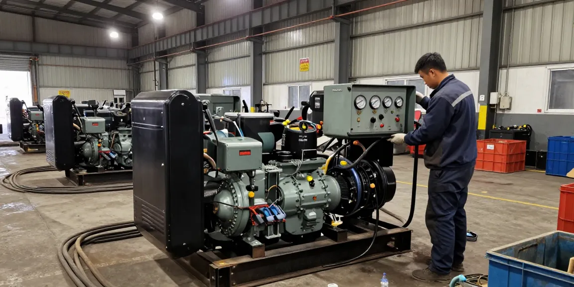Technician servicing diesel generators in an industrial workshop, highlighting efficiency and power reliability.