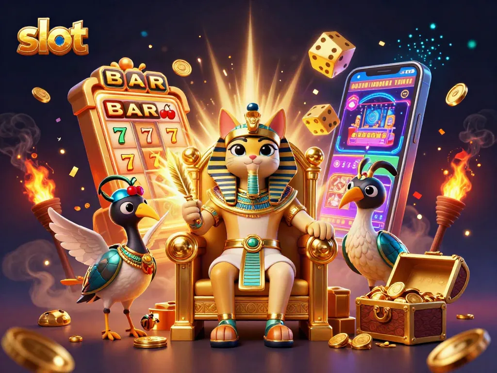 Experience the excitement of slot gaming with a vibrant 3D illustration featuring a pharaoh cat and jackpot elements.