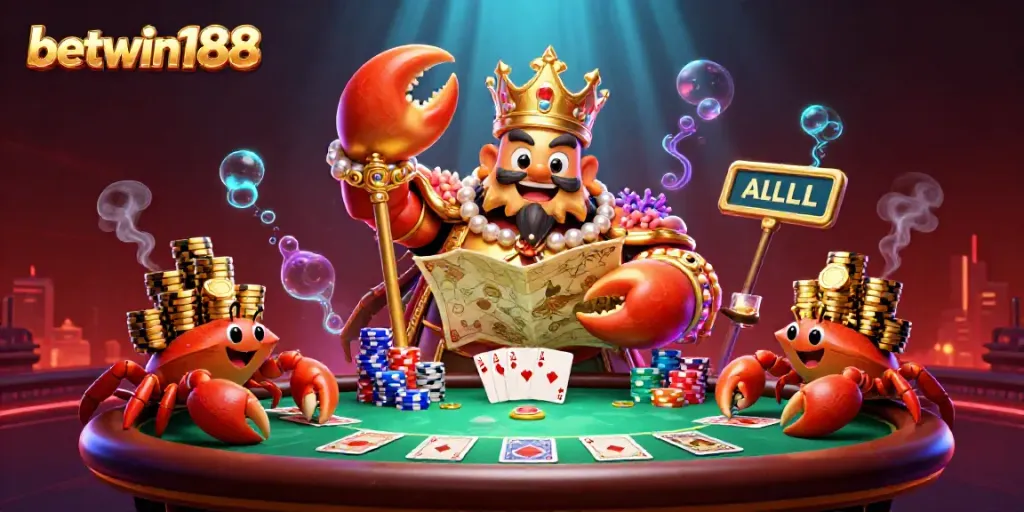 Visualisasi menarik tentang betwin188 dengan kepiting emas raksasa dan elemen permainan kartu.
