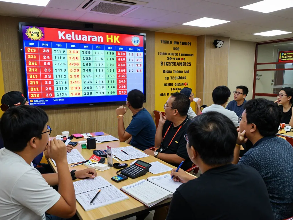 Diverse group checking Keluaran HK lottery results on a digital screen in a vibrant gaming center filled with excitement.