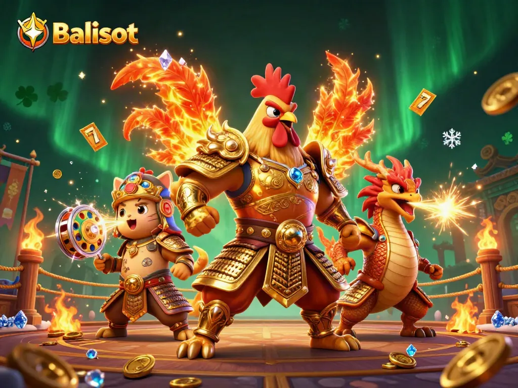 Balislot's dynamic casino scene featuring a rooster warrior and dragon hatchling amid slot reels and gold coins.