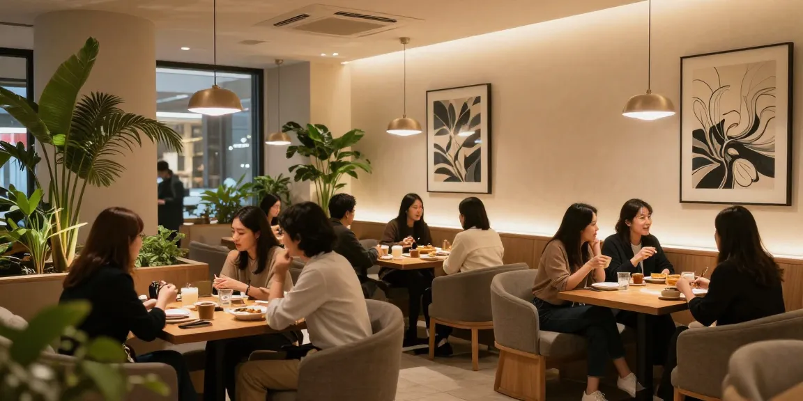 강남 멀리건의 아늑한 분위기와 현대적인 인테리어, 편안한 좌석에서 대화하는 손님들 모습