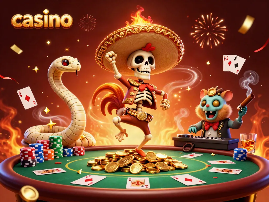Experience thrilling wins at a casino with a vibrant 3D skeleton mariachi and celebratory atmosphere.