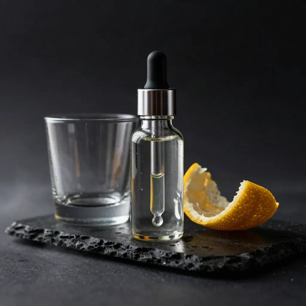 Glass dropper bottle, tumbler, citrus peel, and a mineral bead on dark stone in moody light.