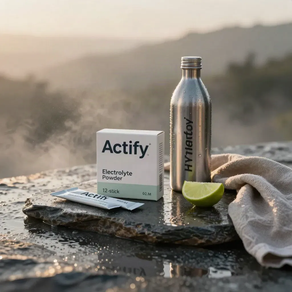 Electrolyte powder box with bottle, lime wedge, towel, and mist at dawn.