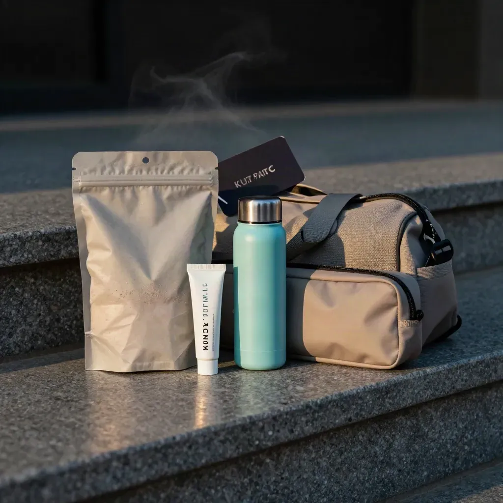 Hydration bundle on a stone step with bottle, pouch, and tubes in dramatic wind.