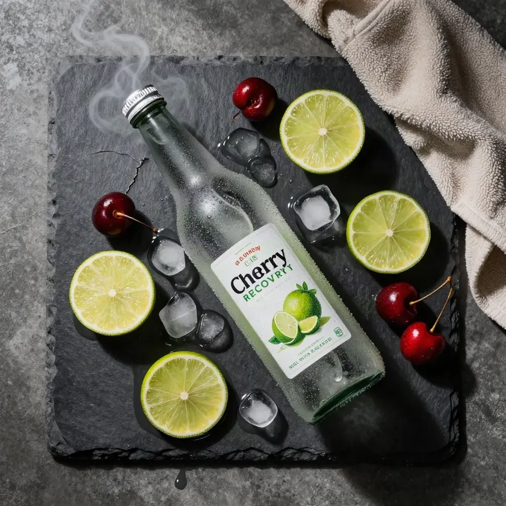 Top-down cherry lime recovery bottle with ice, limes, cherries and a damp towel on charcoal stone.