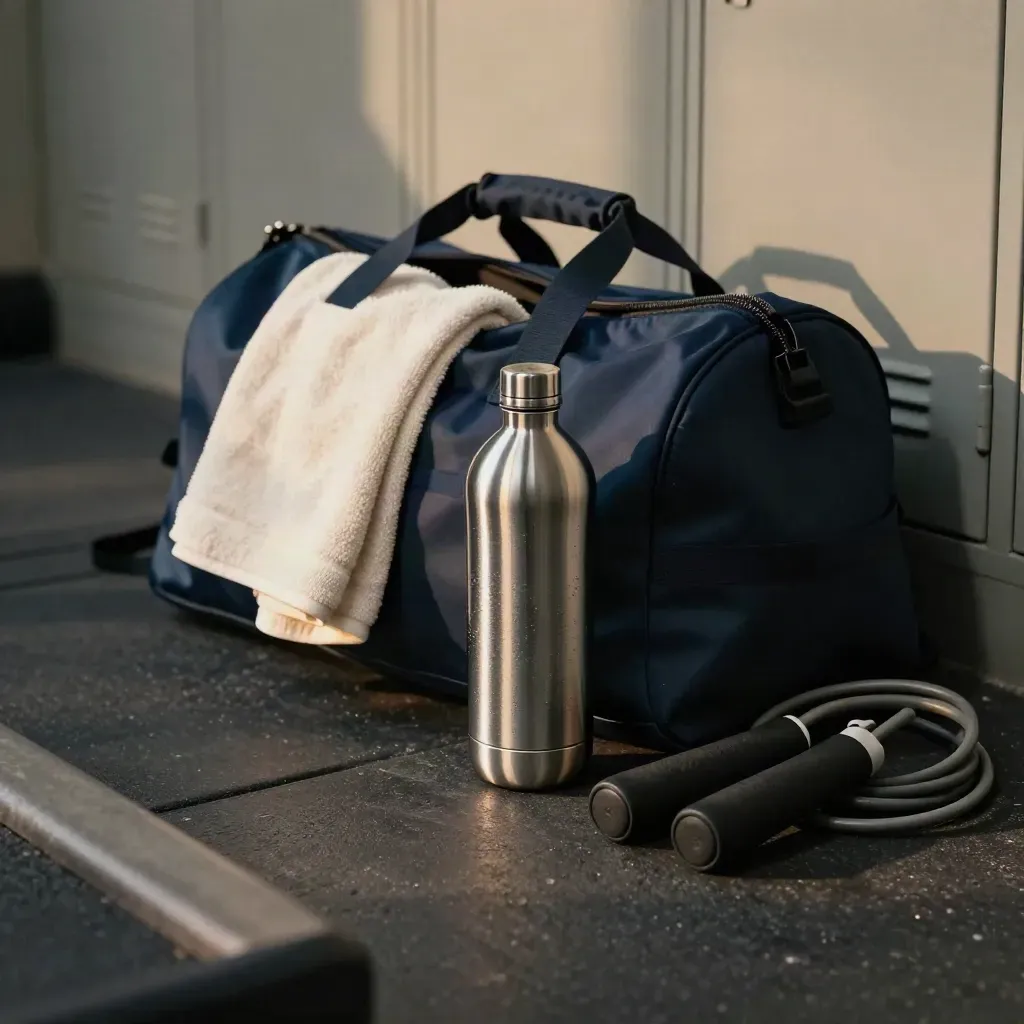 Brushed steel water bottle leaning by an open duffel, towel and jump rope in a gym corner