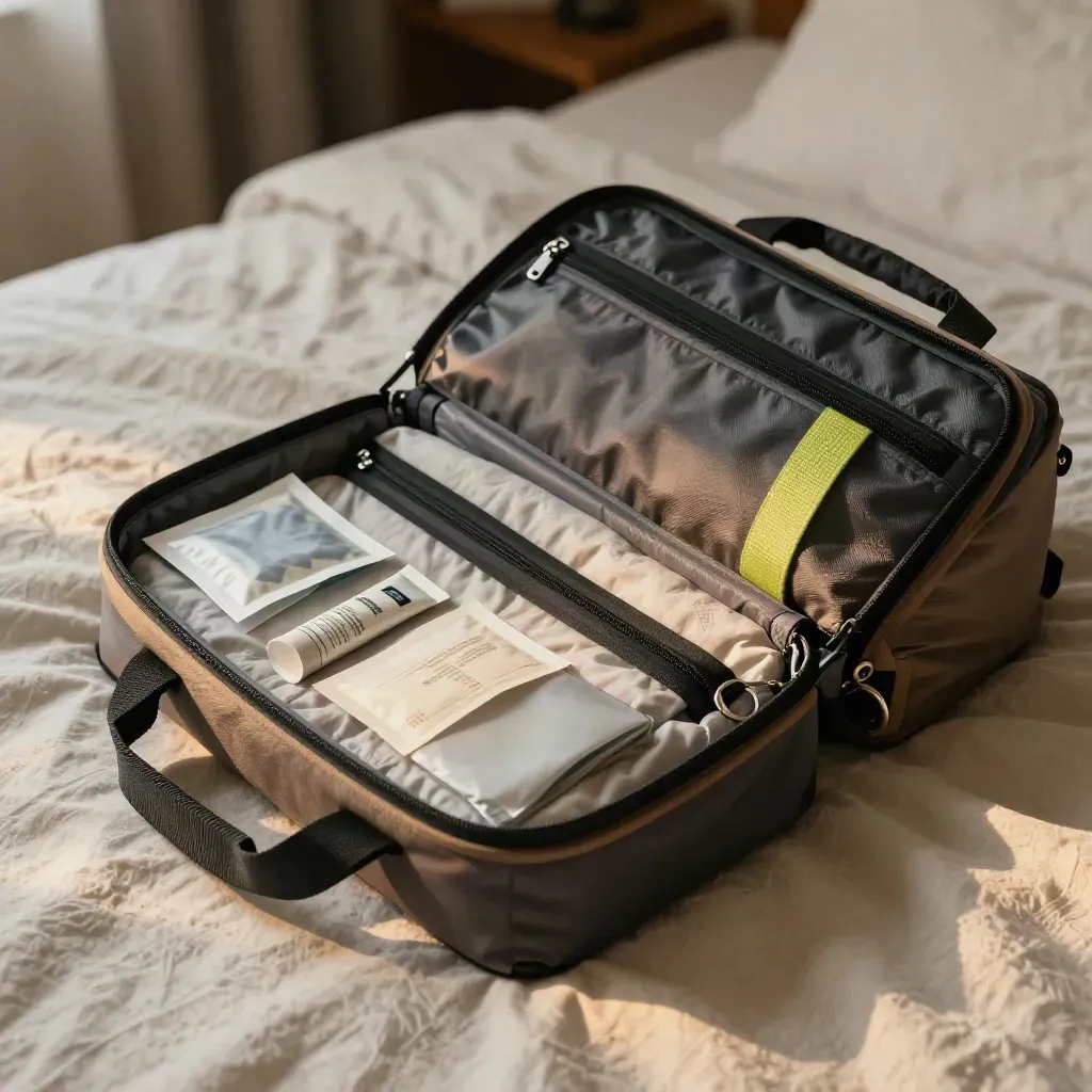 Travel hydration pack on a hotel bedspread with sachets, tablet tube and bottle strap.